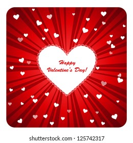 Clip art vector illustration post card with colorful Happy Valentine Day greetings showing white heart with ruffles in the center against burst dark and light red background and small hearts around
