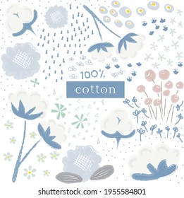 clip art vector of soft cotton plant drawn by hand in pastel color. Full elements for creating summer pattern for children fashion