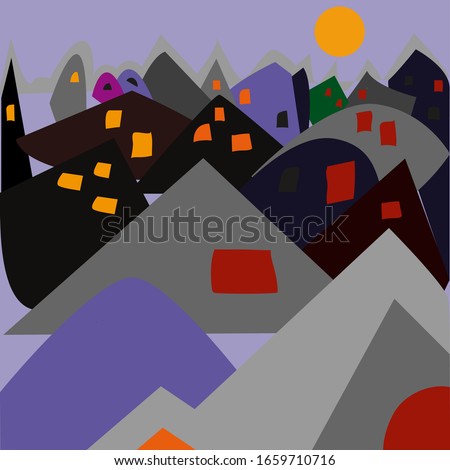 clip art village at night in abstract-cubist-impressionist style with bright windows and moony sky
