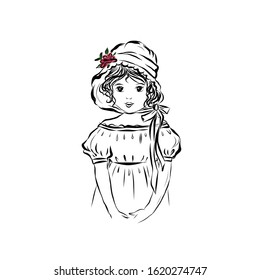 Clip art vintage portrait of a girl in hat with flowers and dressed in dress