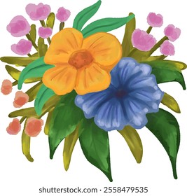 clip art watercolor illustration of colorful flowers and leaves for background asset