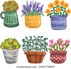 clip art watercolor illustration of colorful vase pot of flowers for child daycare and nursery wallpaper