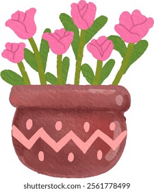 clip art watercolor illustration of colorful vase pot of flowers for child daycare and nursery wallpaper