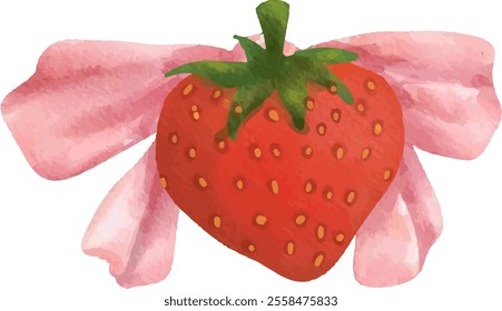 clip art watercolor illustration of red strawberry with flower and leaf for background asset