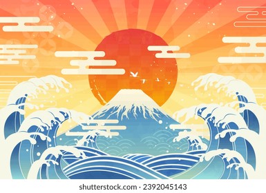 Clip art of wave, Mt. Fuji and sunrise on the first day of the year