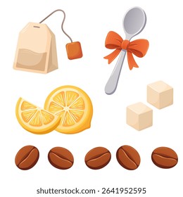 clip art for website menu with teaspoon, sugar, lemon, tea bag and coffee