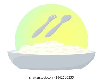 Clip art of white rice on plate is served with spoon and fork.