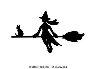 clip art of witch and black cat flying on broom