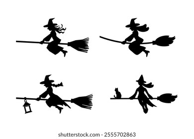 clip art of witch and black cat flying on broom