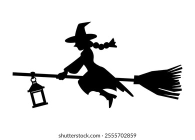 Clip art of witch flying on a broom with lantern