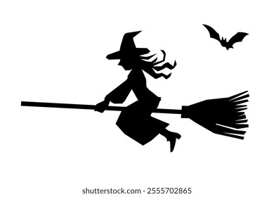 clip art of witch flying on a  broom with bat