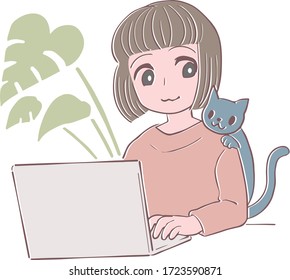 Clip art of woman and cat working from home