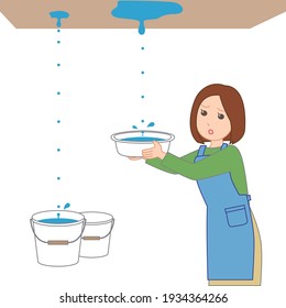 Clip art of a woman catching drips from a leak with a basin