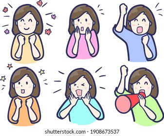 Clip art of a woman cheering with various expressions