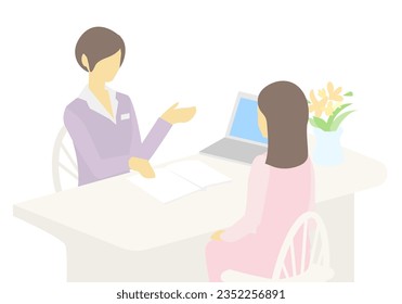 Clip art of woman consulting with counselor at marriage counseling cent