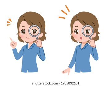 Clip art of woman examining with magnifying glass