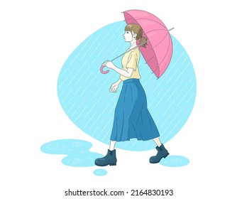 Clip art of woman going out with umbrella on rainy day. Positive image. Rainy season. Full body.