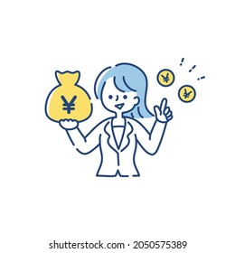 Clip art of a woman holding a bag full of money(Japanese yen)