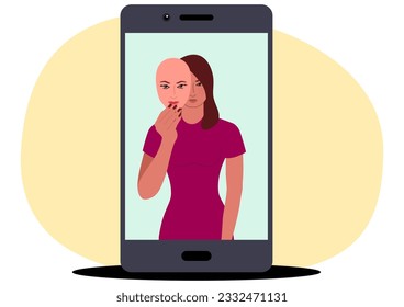 Clip art of a woman holding a mask on a social media profile, dissemblance, beauty filter app