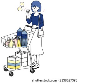 Clip art of woman operating smartphone while pushing shopping cart