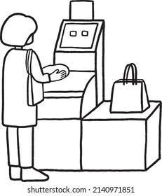 Clip Art Of Woman Paying At Self Checkout, Line Art.