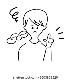 Clip art of woman pointing at a problem with a troubled expression in rough handwriting style.