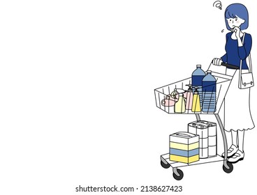Clip art of woman pushing shopping cart in trouble