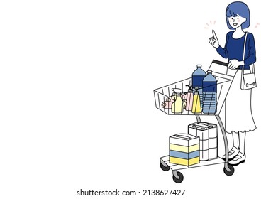 Clip art of woman pushing shopping cart and explaining points