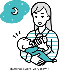 Clip art of woman raising child at night.