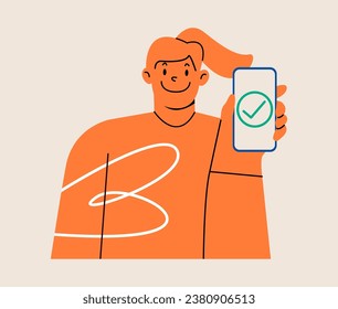 Clip art of a woman showing a smartphone. Colorful vector illustration
