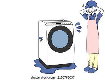 Clip art of woman troubled by water leakage of washing machine