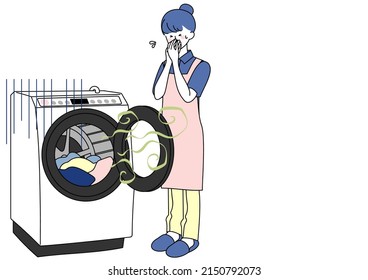 Clip art of woman troubled by stench of washing machine