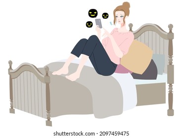 Clip art of a woman using a smartphone in bed