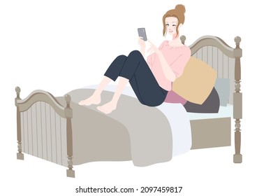 Clip art of a woman using a smartphone in bed