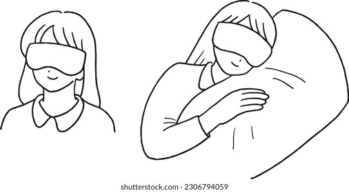 Clip art of woman wearing eye mask, line drawing.
