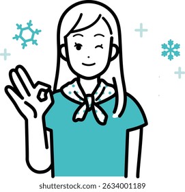 Clip art of woman wearing neck cooler to prevent heat stroke.