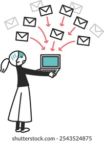 Clip-art de uma mulher que tem dificuldade em receber muitos e-mails