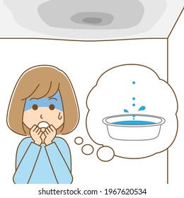 Clip art of a woman who noticed a water leak on the ceiling and is in a hurry.