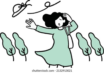Clip art of woman whose hat is blown off by gust of wind. 