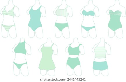 Clip art of women's swimwear such as bikini and one-piece.