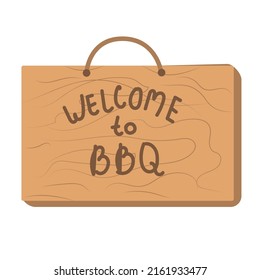 Clip art of a wooden signboard, welvome to bbq, vector illustration on a white background.