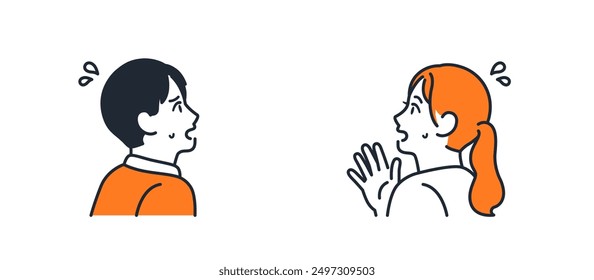 Clip art of a young couple in a hurry in profile