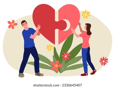 Clip art of young couple put together a puzzle that forms a heart, communication concept, simple flat vector illustration