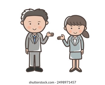 Clip art of young male and female businessmen and women in recruit suit style giving an explanation