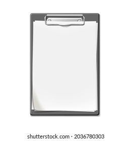 Clip Board With Blank List Sheet Attached Vector. Plastic Clip Board With Paper, Checklist For Writing Task And Drawing Creative Image. Clipboard Template Realistic 3d Illustration