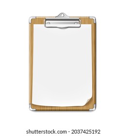 Clip Board With Blank Paper Sheet Attached Vector. Wooden Clip Board With List, Doctor Stationery Accessory Writing Diagnosis And Prescription. Notepad Template Realistic 3d Illustration