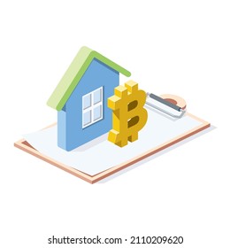 Clip board, home real estate, bitcoin label. Vector 3d line isometric, color web icons, new flat style. Creative design idea for infographics.