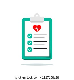 Clip Board With Hospital Documents. Medical Insurance Forms. Doctor Paperwork. Hospital Documents With Heartbeat Icon. Illustration In Flat Style.