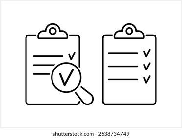 Clip board icon. Check form sheet sign. Clipboard checklist. Quality Control stroke. Web icon set. Vector stock illustration