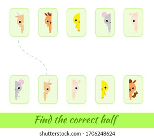 Clip cards game template find correct halves. Matching game for children. Educational activity for preschool years kids and toddlers Set of cartoon animals. Vector stock illustration.